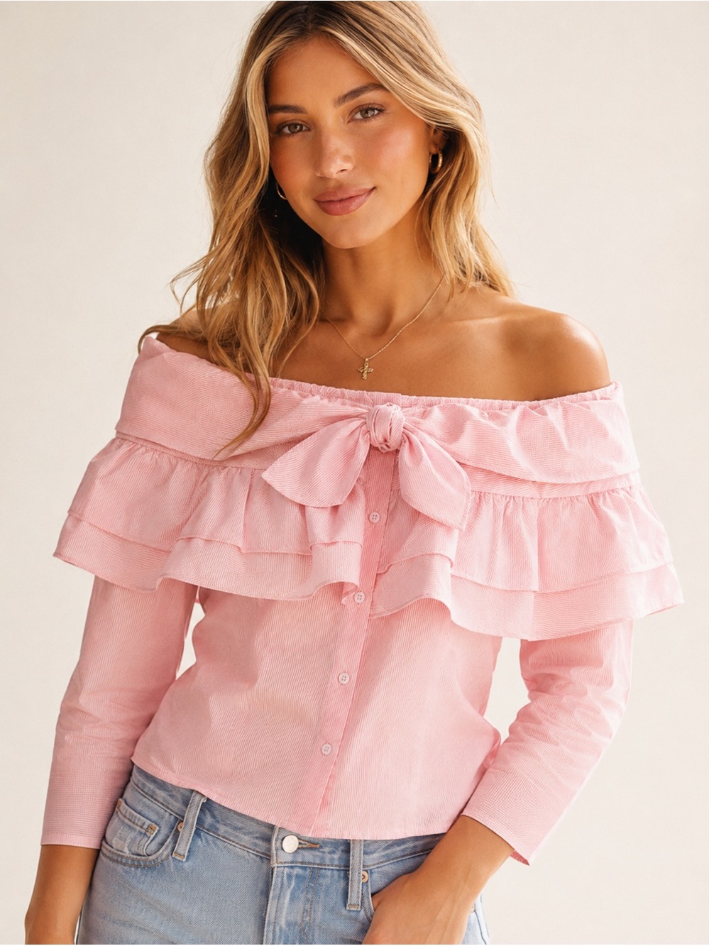 Revolve Petersyn Georgia Pink Stripe Off Shoulder Ruffle Bow Blouse S